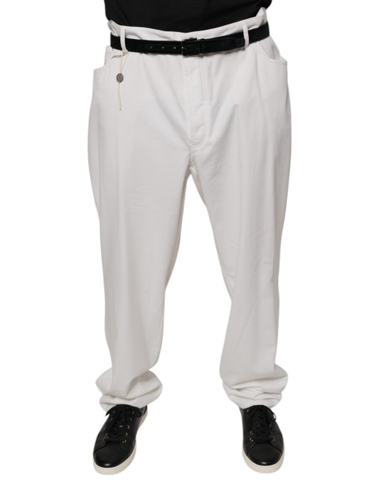 White cotton men's dress pants with elastic waistband and tapered legs