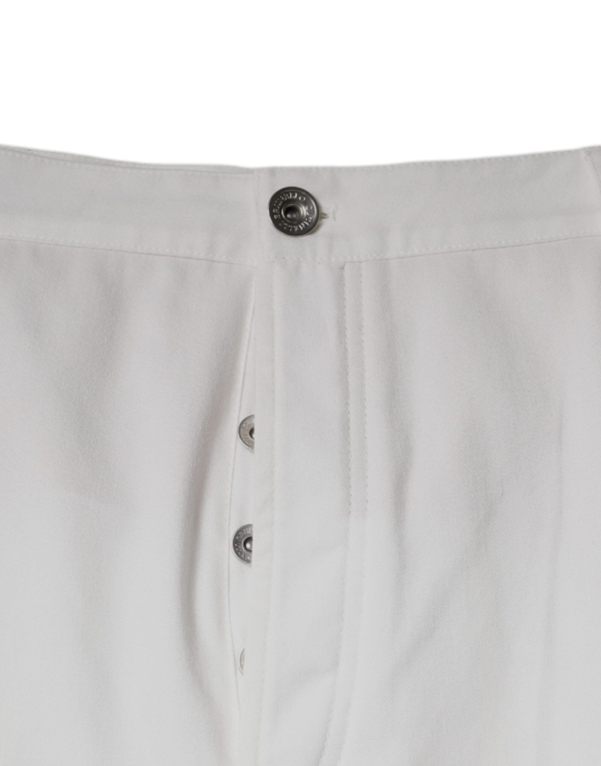 White cotton men's dress pants with tapered legs and button closure