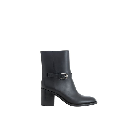 Black leather boot with a strap around the ankle