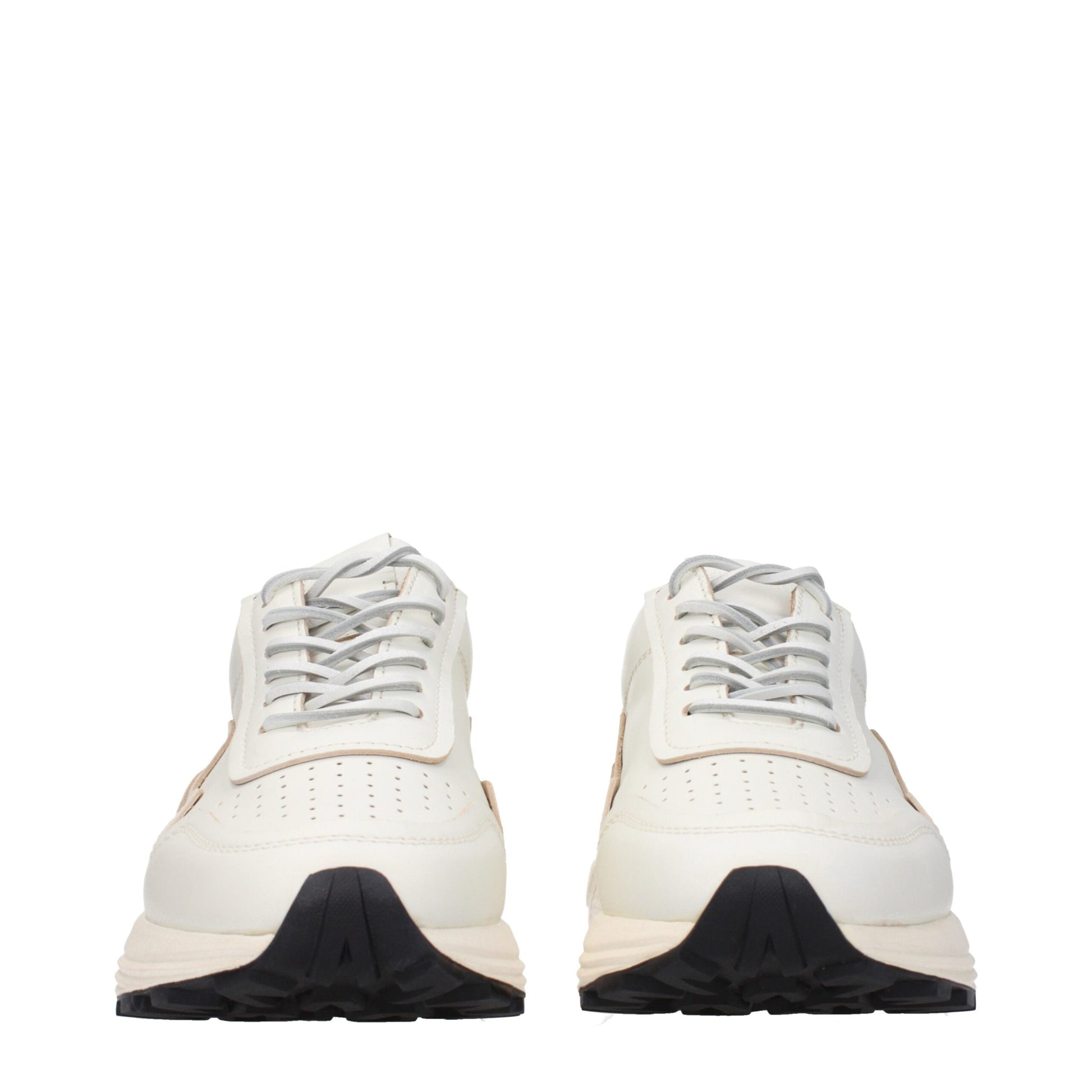 Pair of white leather low top sneakers with black laces