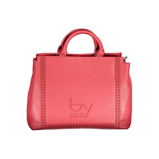 Red leather handbag with logo on side