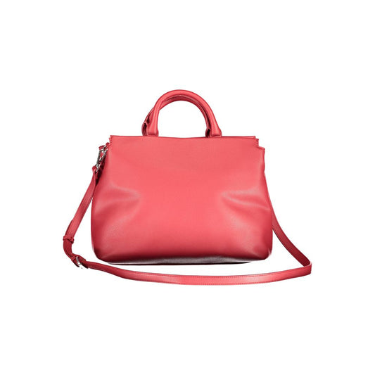 Red leather handbag with long strap
