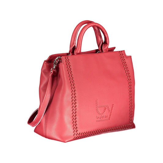 Red leather handbag with stitched design on front
