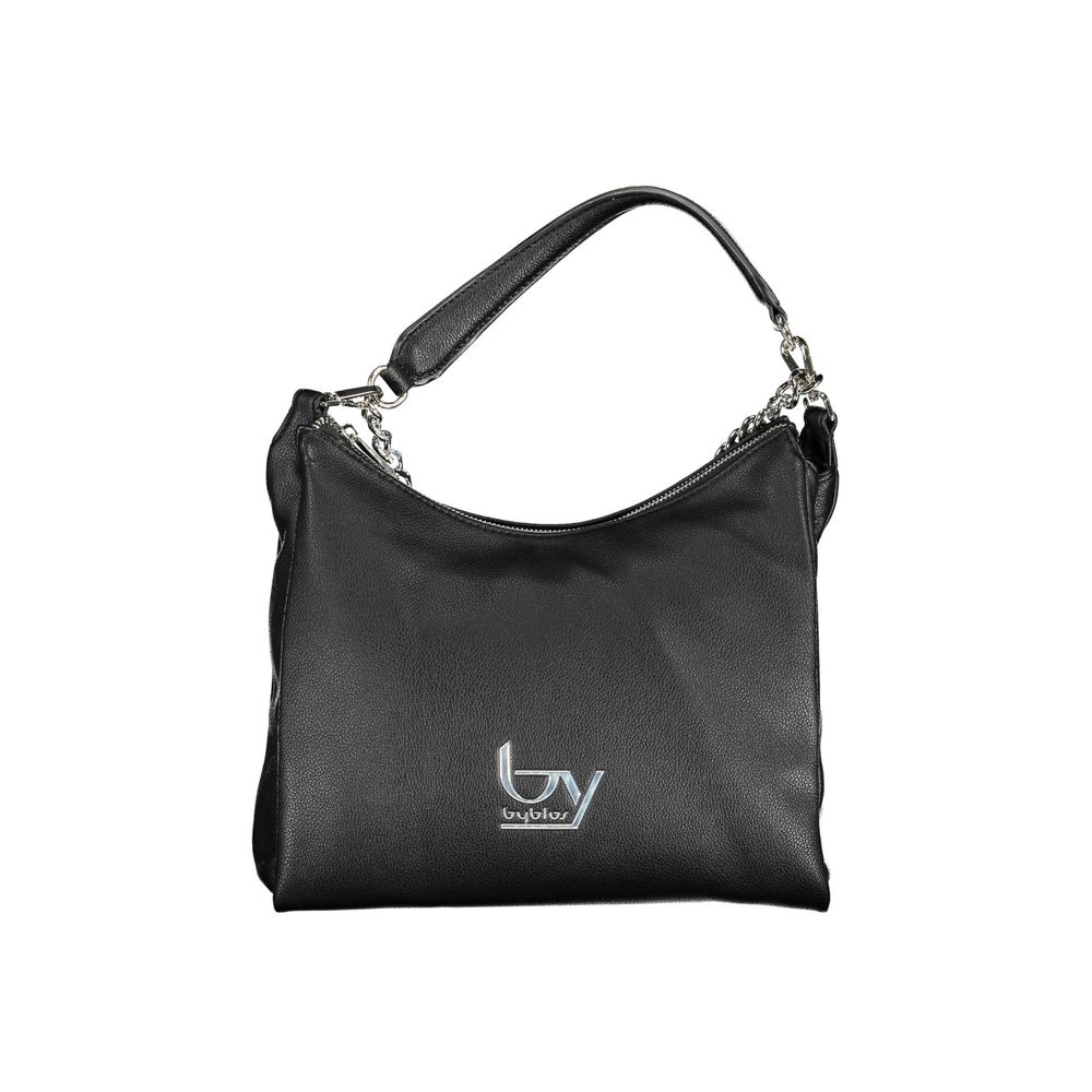 Black leather handbag with silver hardware