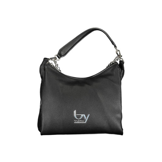 Black leather handbag with silver hardware