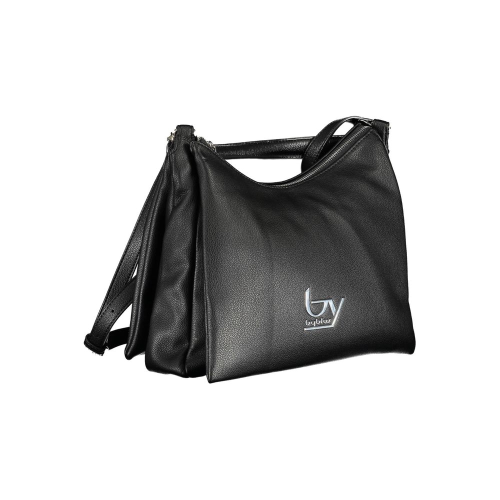 Black leather handbag with logo on front