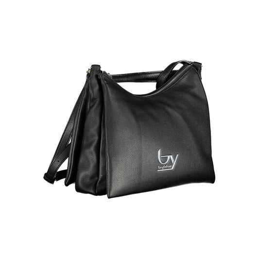 Black leather handbag with logo on front