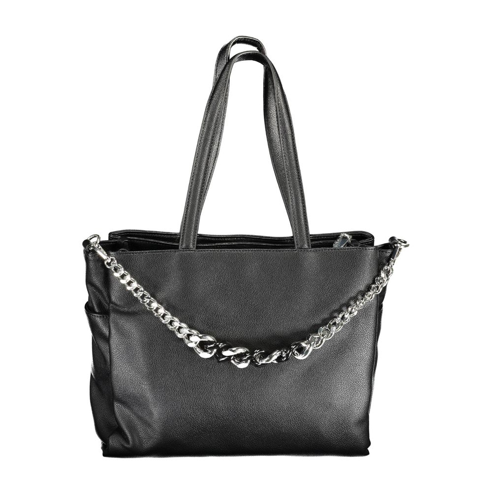 Black leather handbag with silver chain accents