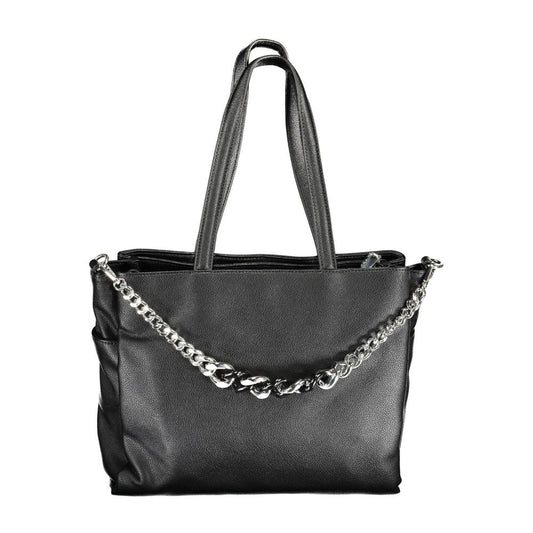 Black leather handbag with silver chain accents