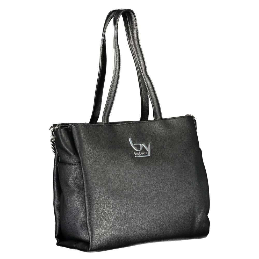 Black leather handbag with logo on front