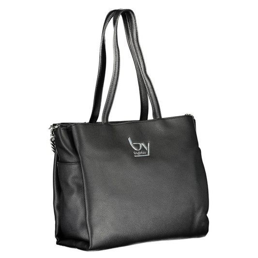Black leather handbag with logo on front