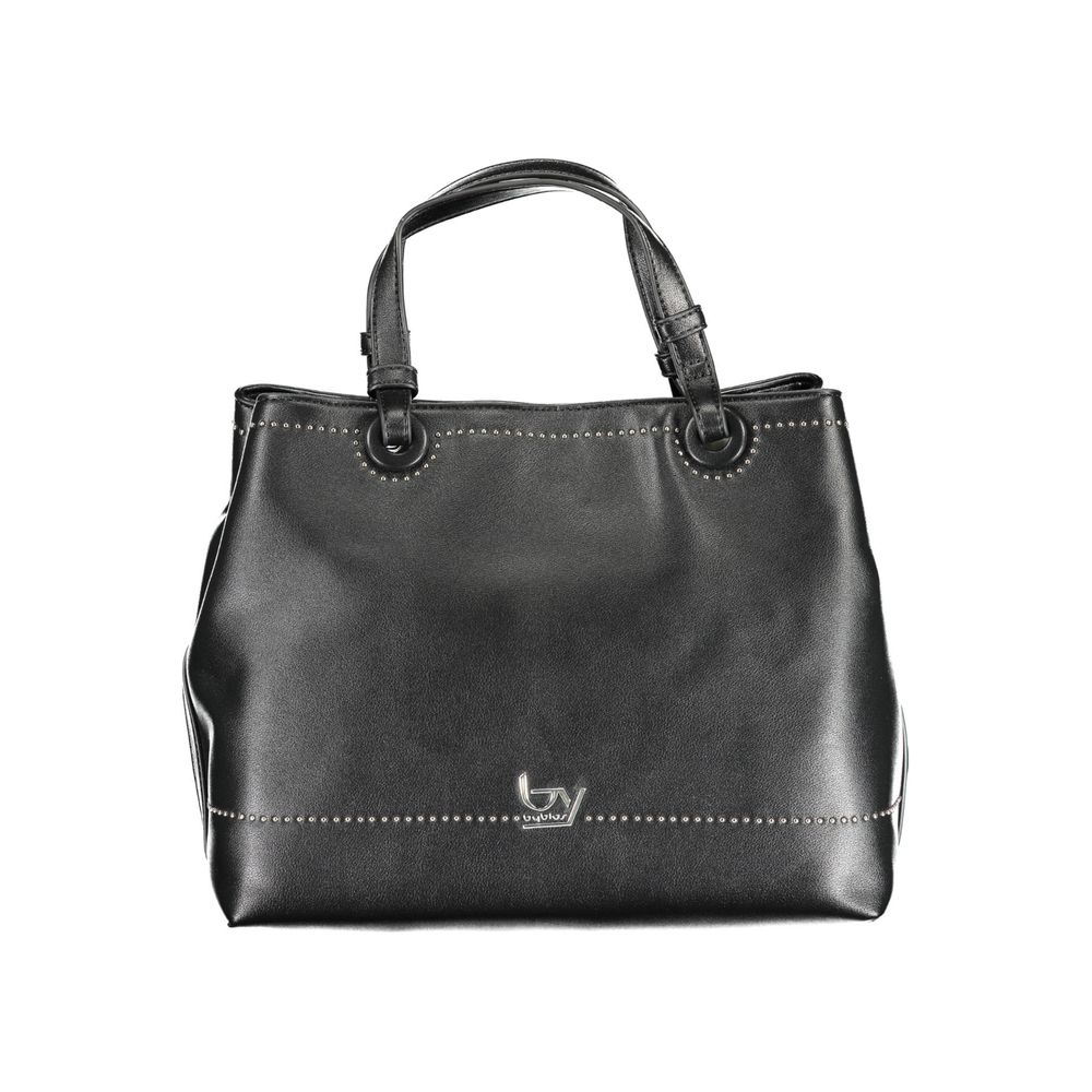 Black leather handbag with stitched detailing