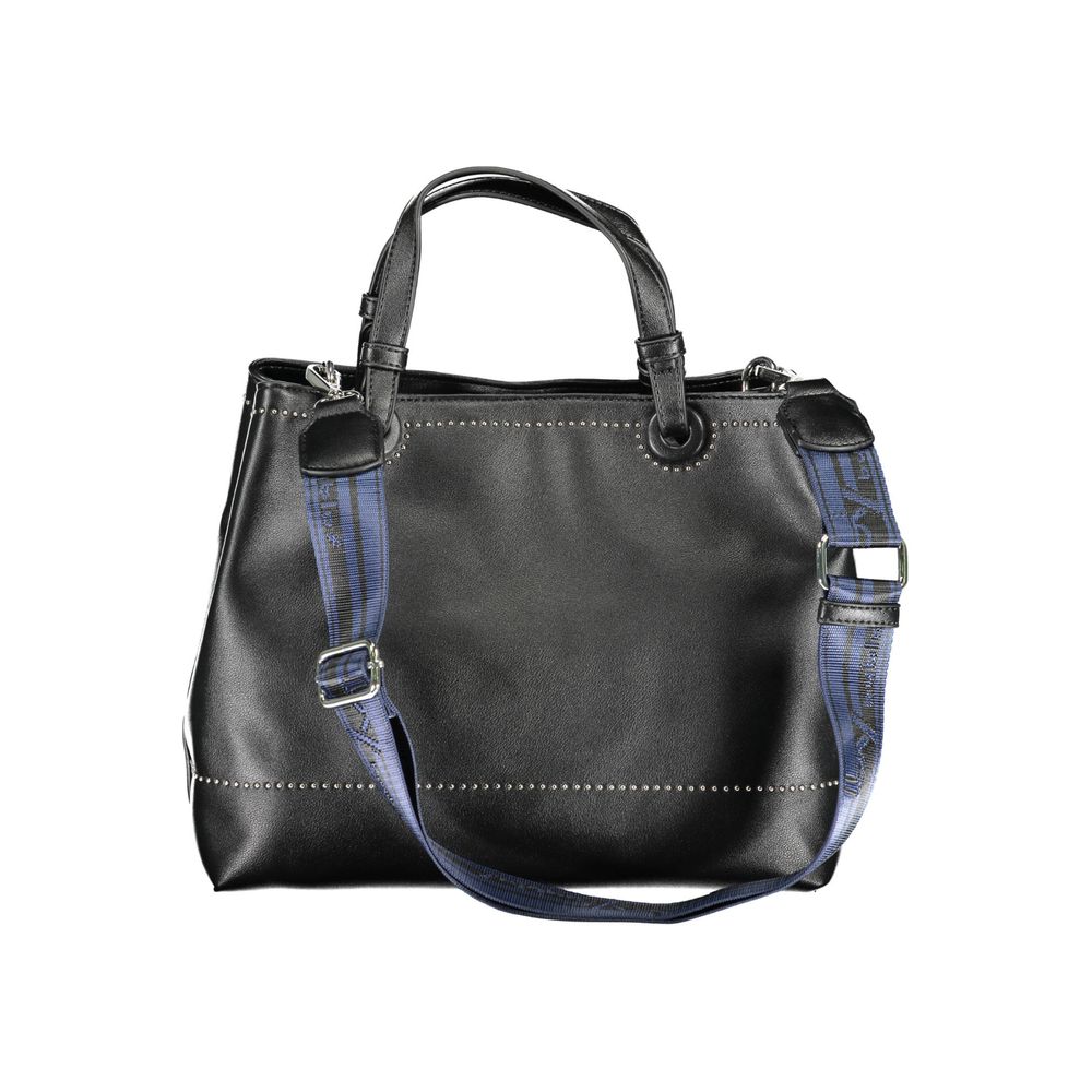 Black leather handbag with blue straps