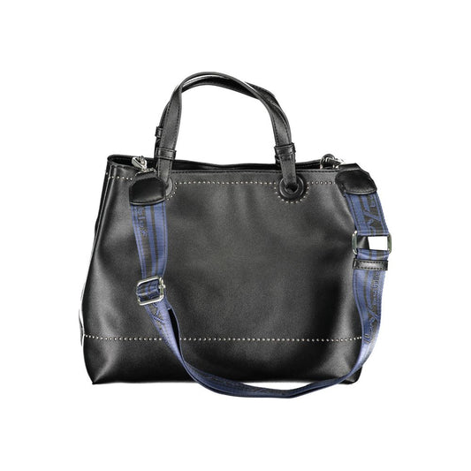 Black leather handbag with blue straps