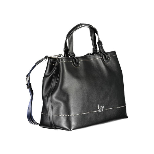 Black leather handbag with silver hardware