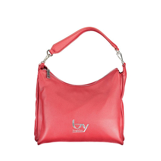 Red leather handbag with silver hardware