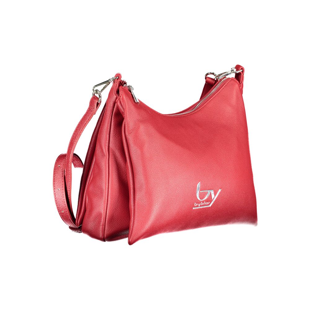 Red leather handbag with silver hardware