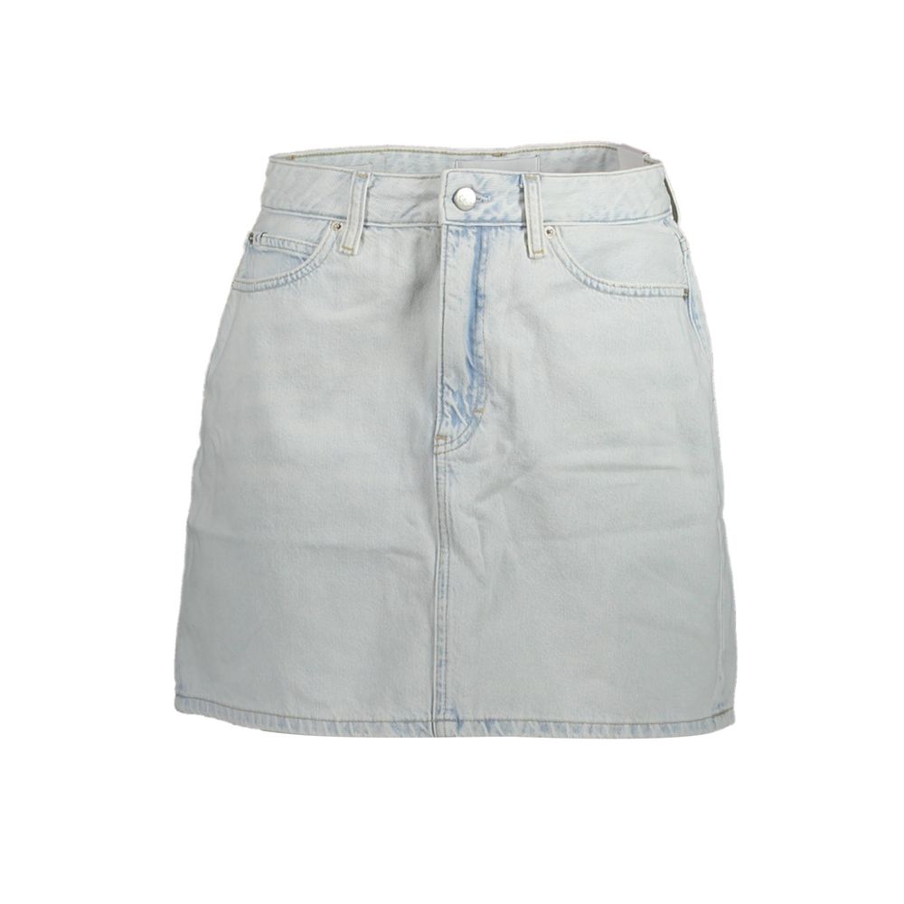 Light blue denim skirt with faded areas and button closure
