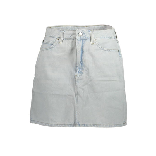 Light blue denim skirt with faded areas and button closure