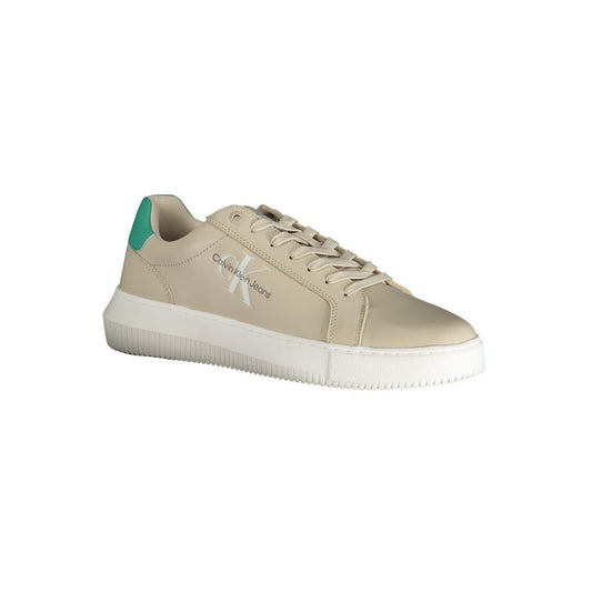 A beige leather men's sneaker with a white sole, featuring a logo on the side and a lace-up front
