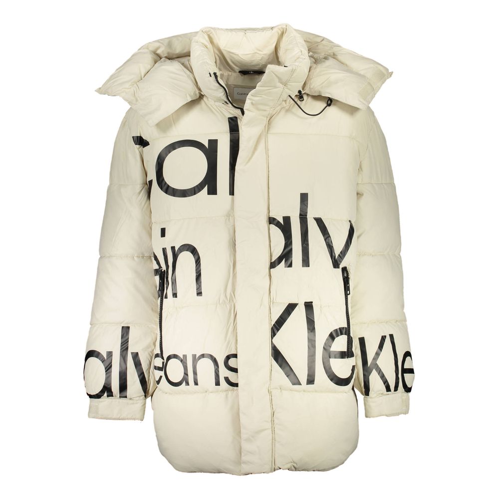 Light beige puffy jacket with black lettering on front