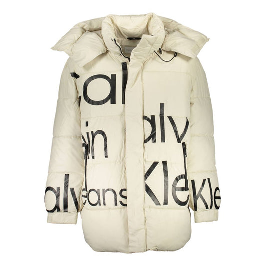 Light beige puffy jacket with black lettering on front