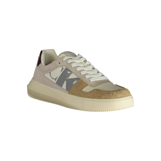 A beige men's sneaker with a lace-up front and a textured sole