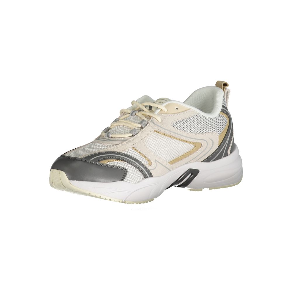 A beige men's sneaker with black accents, featuring a lace-up closure and a logo on the side
