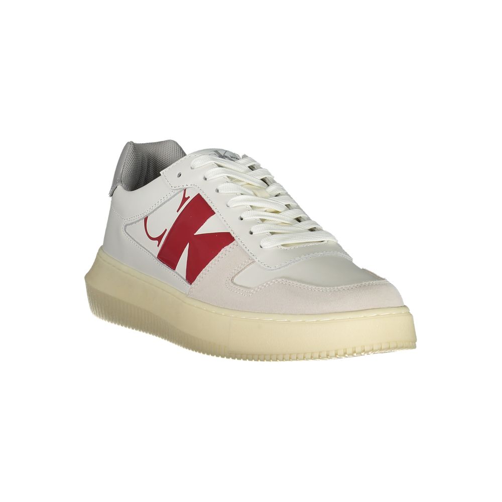 White leather sneaker with red stripe detailing, lace-up closure, and flat sole