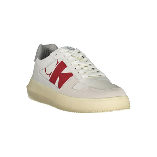 White leather sneaker with red stripe detailing, lace-up closure, and flat sole