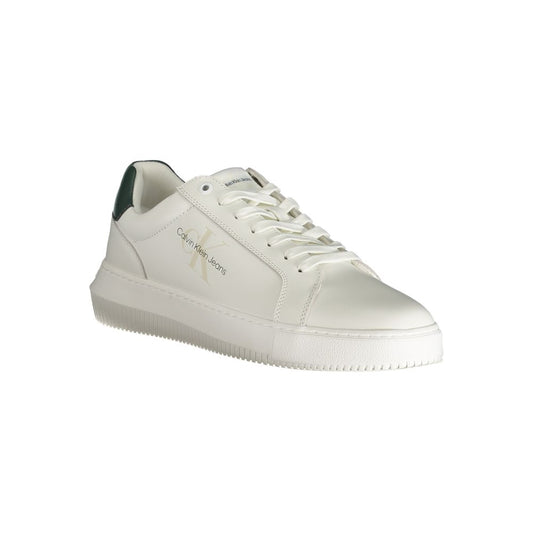 White leather men's sneaker with laces, brand logo on side, and flat sole