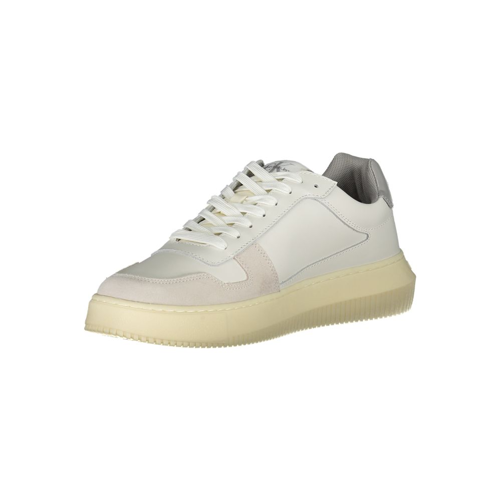 White leather men's sneaker with tan sole, lace-up front and side stripe detailing