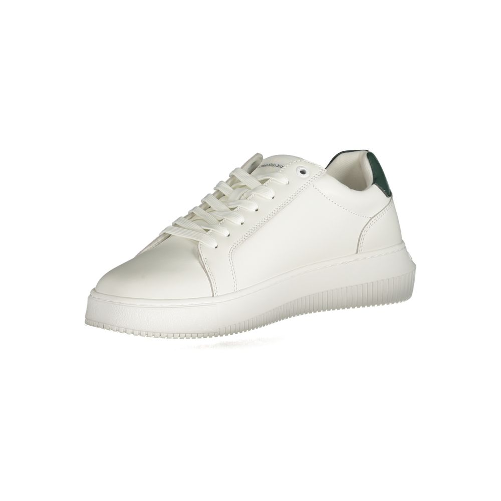 White leather men's sneaker with black laces, flat sole, and elastic panels for a snug fit