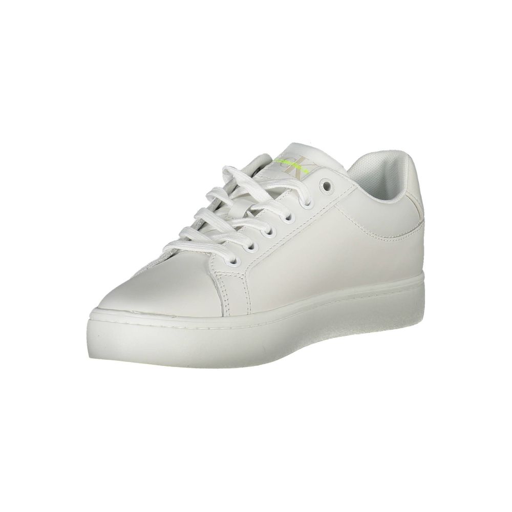White leather women's sneaker with laces, logo on side, and flat sole