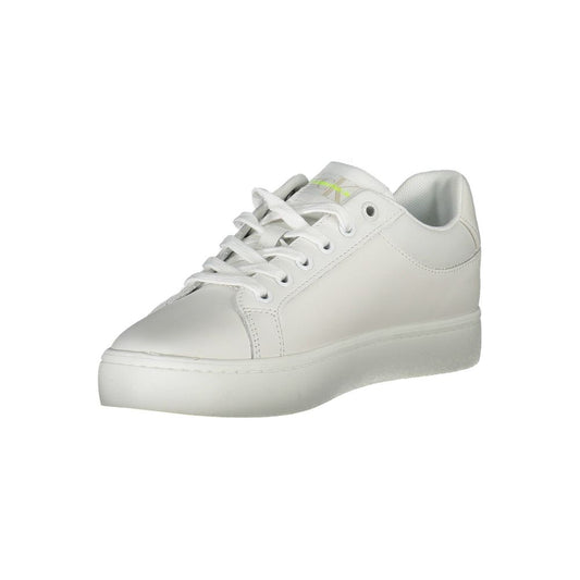 White leather women's sneaker with laces, logo on side, and flat sole