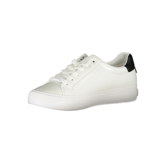 White leather sneakers with laces and a round toe