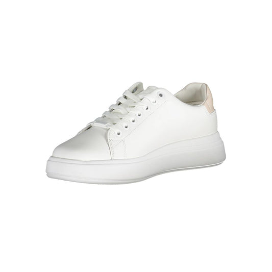White sneaker with laces, branded logo on side, flat sole, designed for women