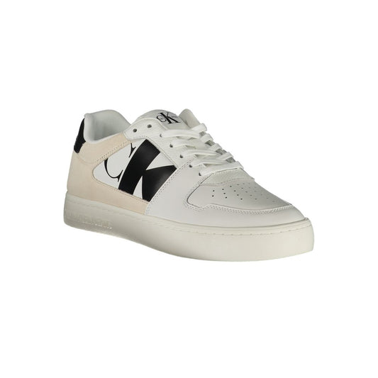 A pair of men's sneakers with a white sole, black laces, and a tan upper by Calvin Klein