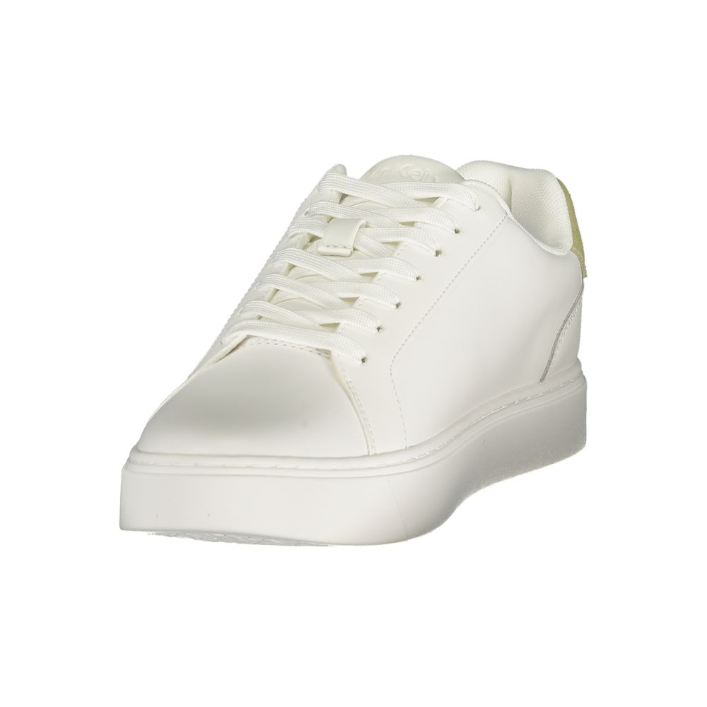 White men's sneaker with laces, flat sole, and side stripe detailing