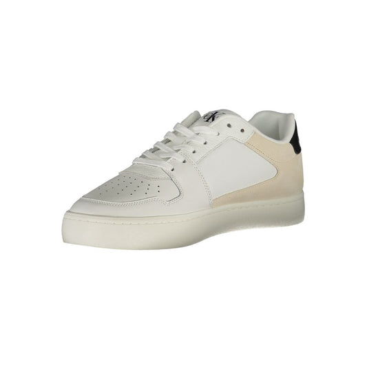 White and tan men's sneaker with black laces, polyurethane sole, and logo on side