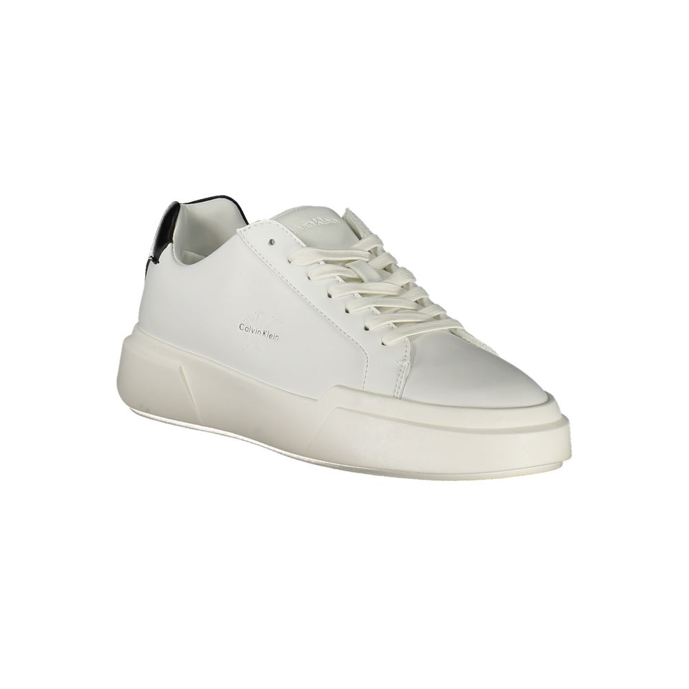 White sneaker with laces, branded logo on side, flat sole, polyurethane material