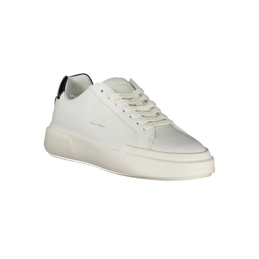 White sneaker with laces, branded logo on side, flat sole, polyurethane material