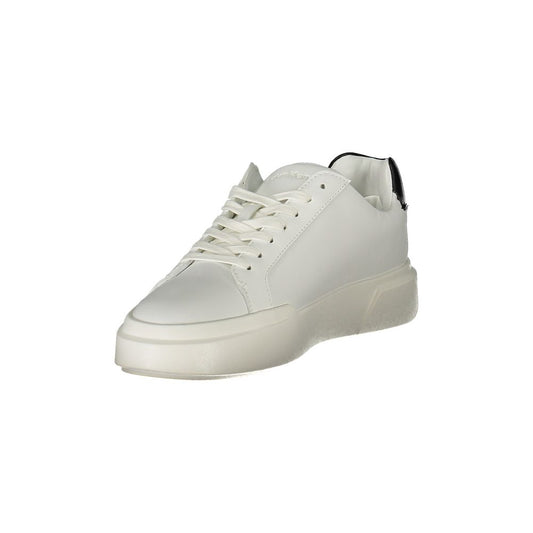White sneaker with black laces and sole, featuring a low top design