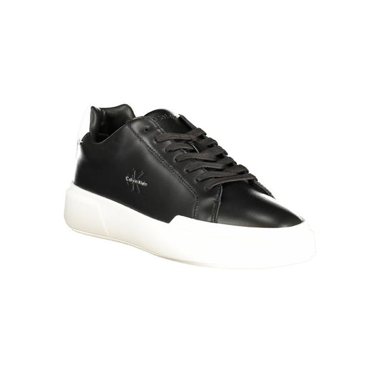 Black leather men's sneaker with white sole, featuring a lace-up front and brand logo on side