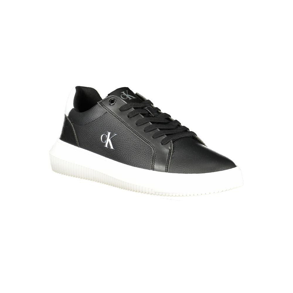 A black leather men's sneaker with white sole, featuring a logo on the side
