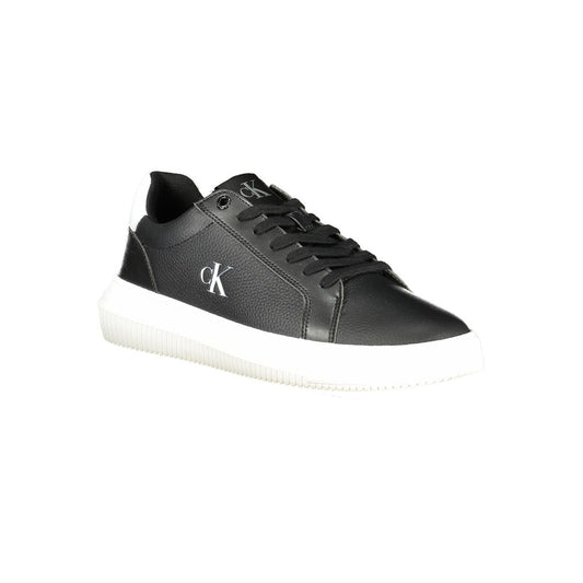 A black leather men's sneaker with white sole, featuring a logo on the side