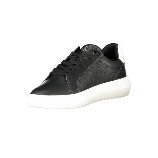 Black leather men's sneaker with white sole, laces, and logo