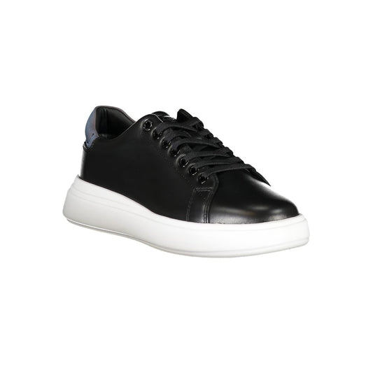 A black leather women's sneaker with white sole, featuring a lace-up design and the Calvin Klein logo