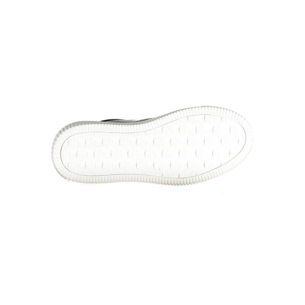 A black leather women's sneaker with a white sole