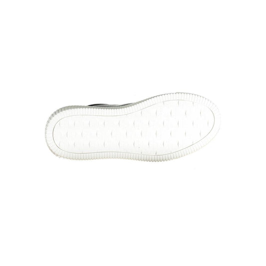 A black leather women's sneaker with a white sole